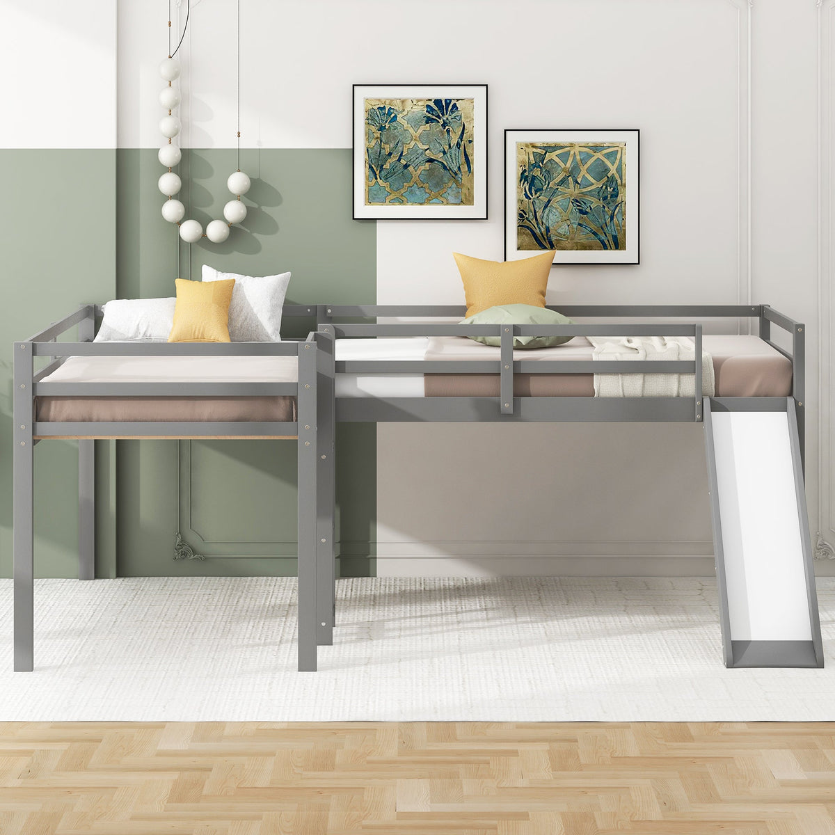 L-Shaped Twin Loft Bed with Slide and Ladder for Kids