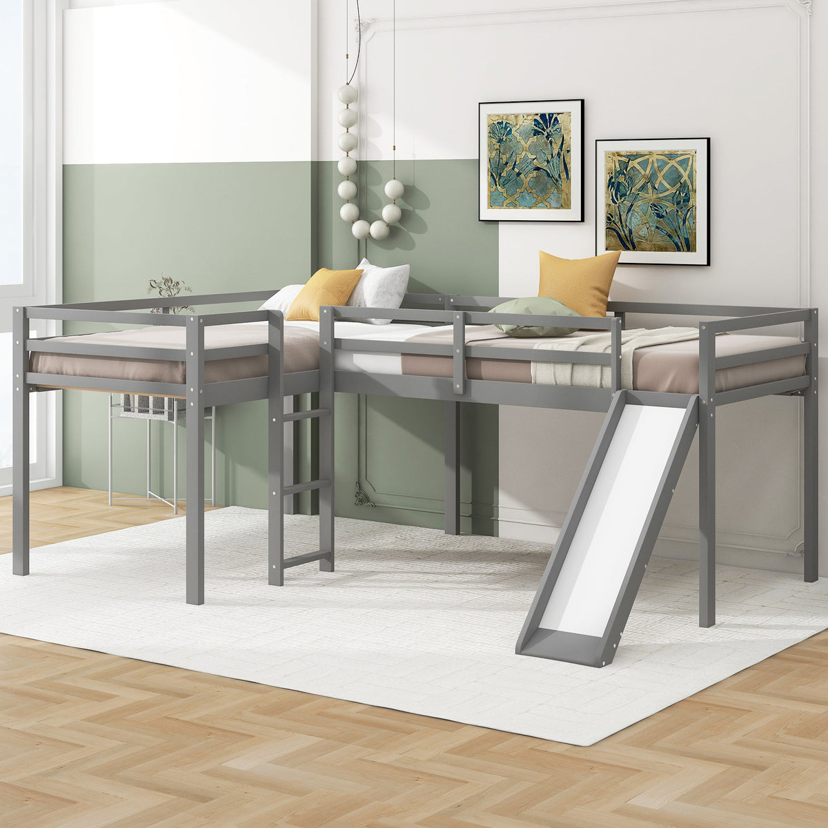 L-Shaped Twin Loft Bed with Slide and Ladder for Kids