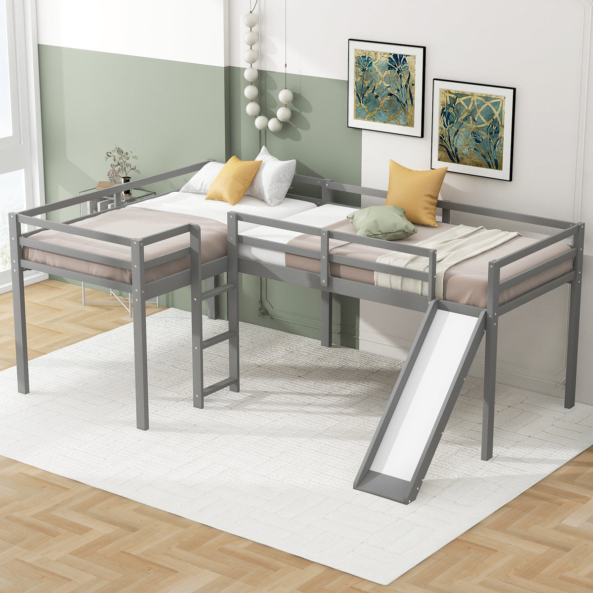 L-Shaped Twin Loft Bed with Slide and Ladder for Kids