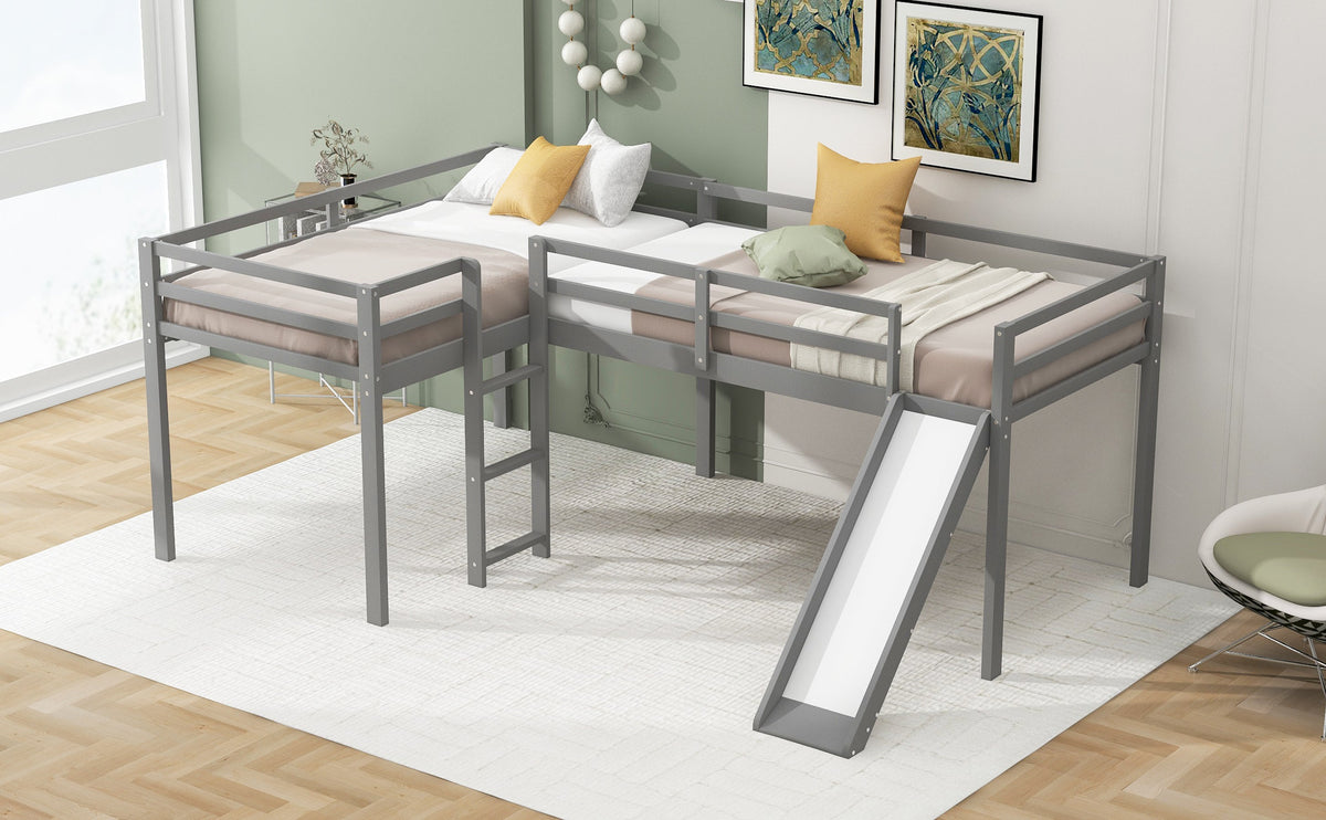 L-Shaped Twin Loft Bed with Slide and Ladder for Kids