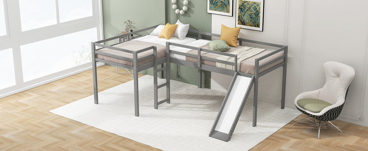 L-Shaped Twin Loft Bed with Slide and Ladder for Kids