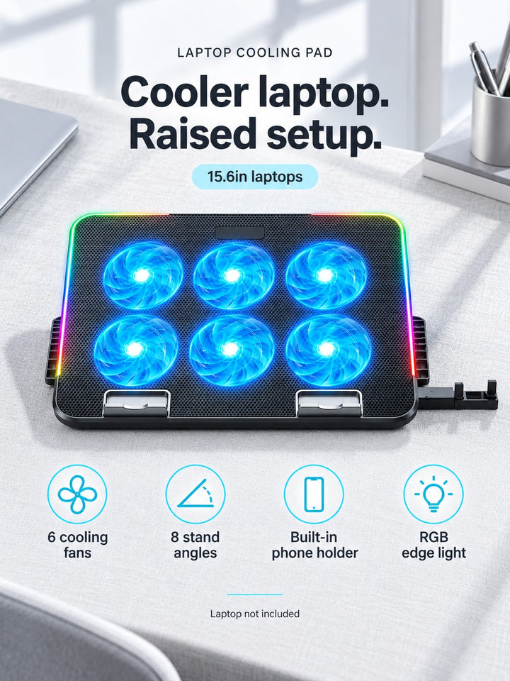 Laptop Cooling Pad: 6 Fans Keep 15.6in Laptops Cool