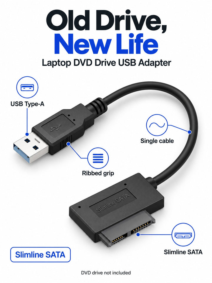 Laptop Slimline SATA DVD Drive to USB Adapter Cable (6+7 Pin)