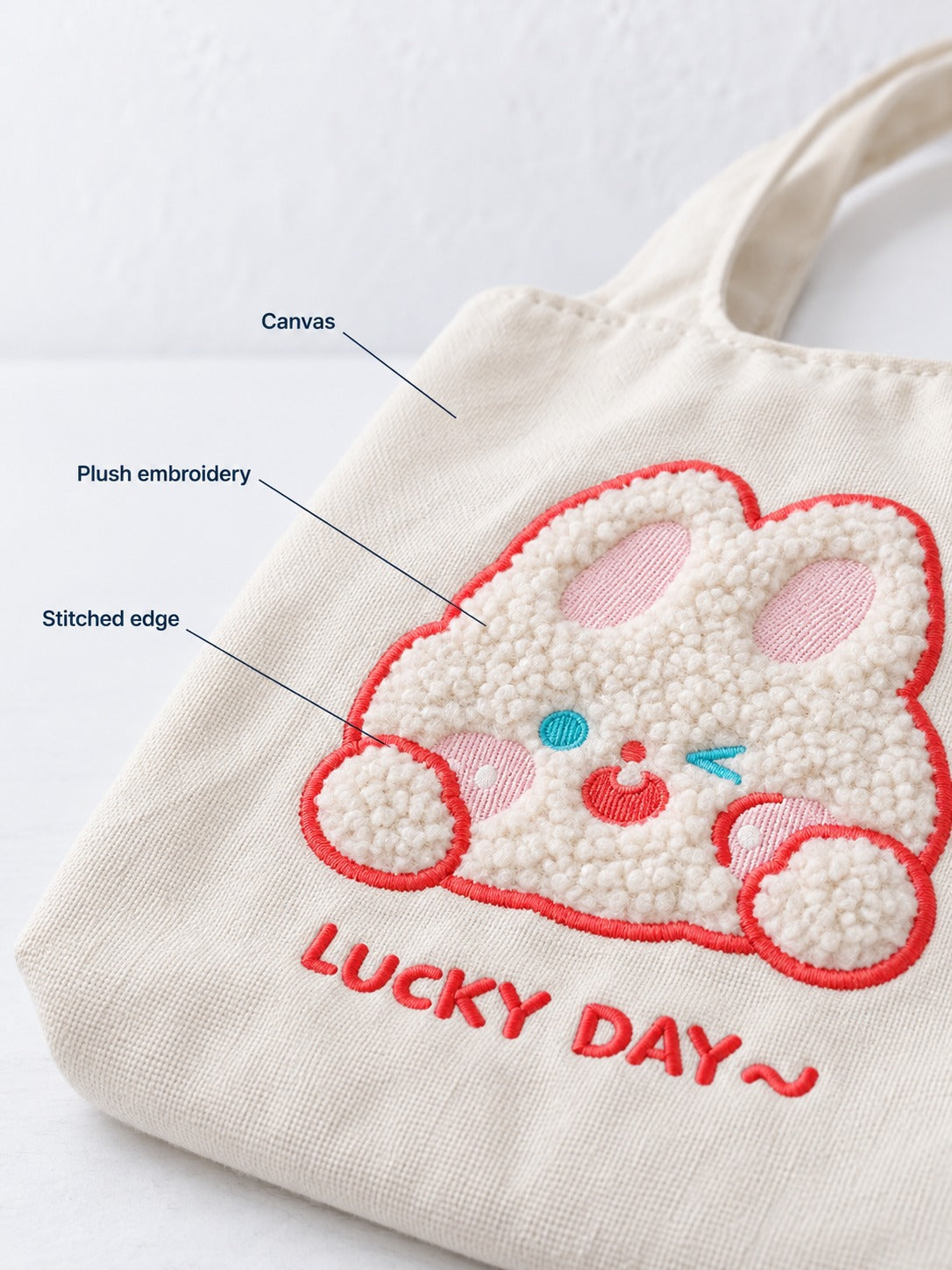 Large Canvas Tote Bag with Plush Embroidery for Students