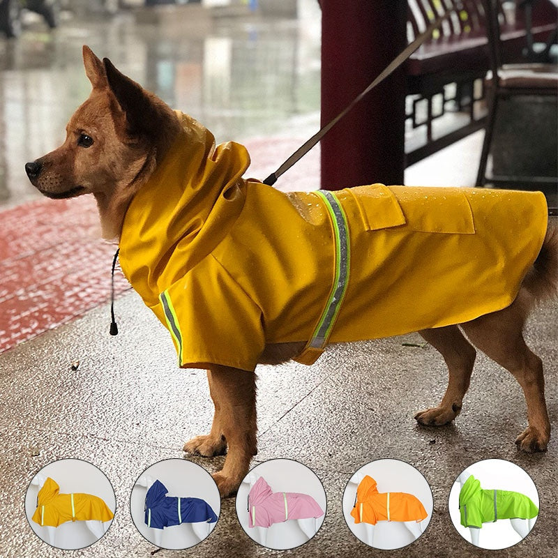 Large Dog Raincoat With Reflective Waterproof Hood