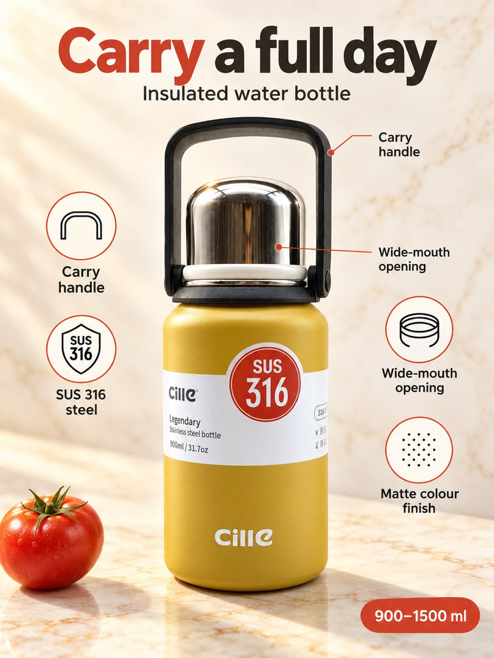 Large Insulated Water Bottle with Handle, 900ml to 1500ml