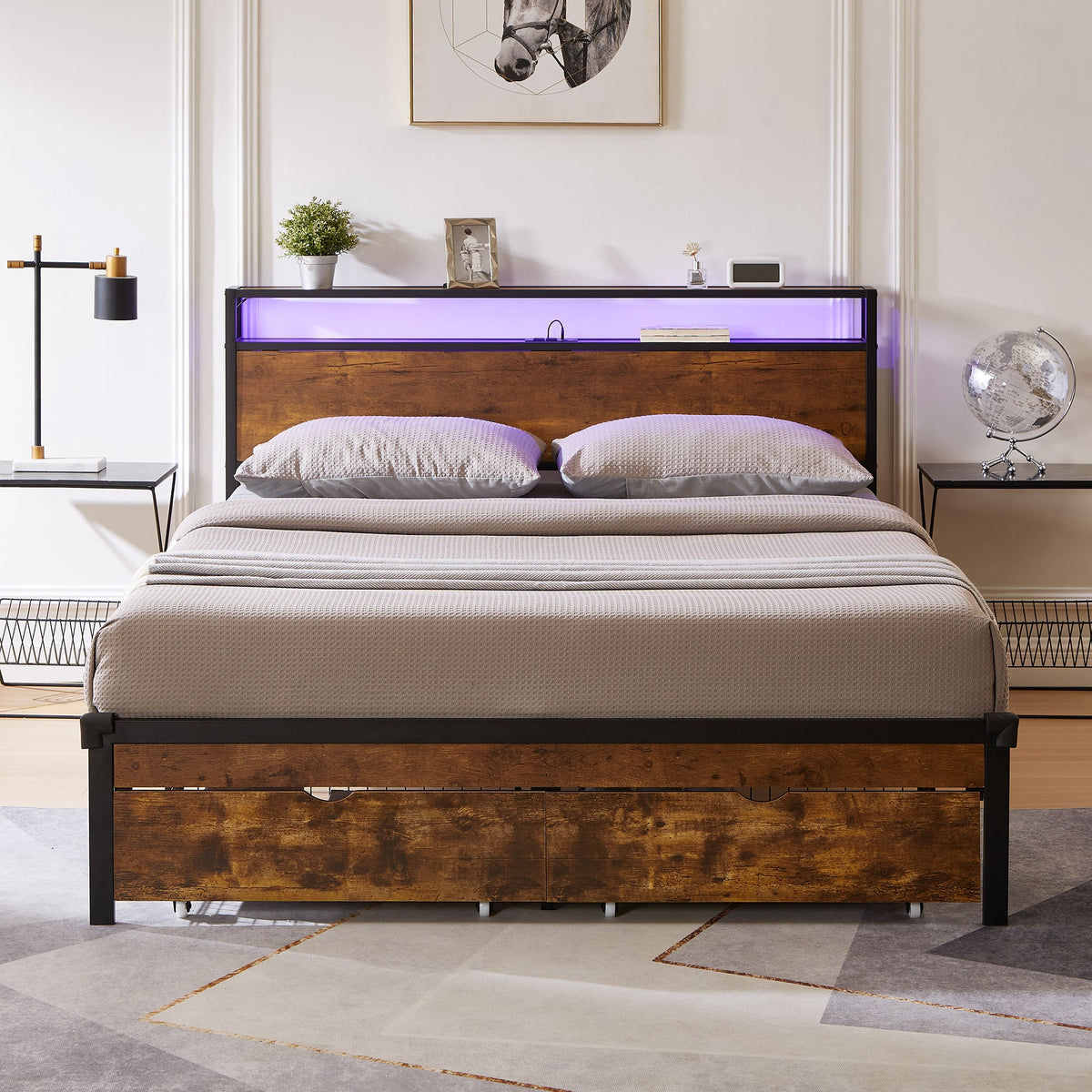 Full Size Metal Bed Frame with Wood Headboard and LED