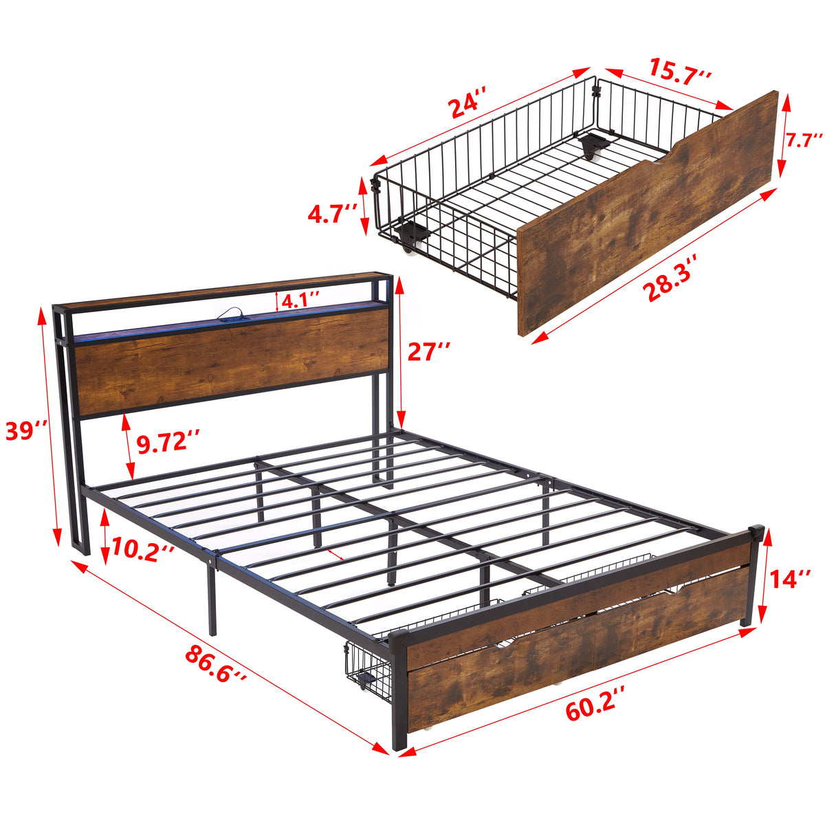 Full Size Metal Bed Frame with Wood Headboard and LED