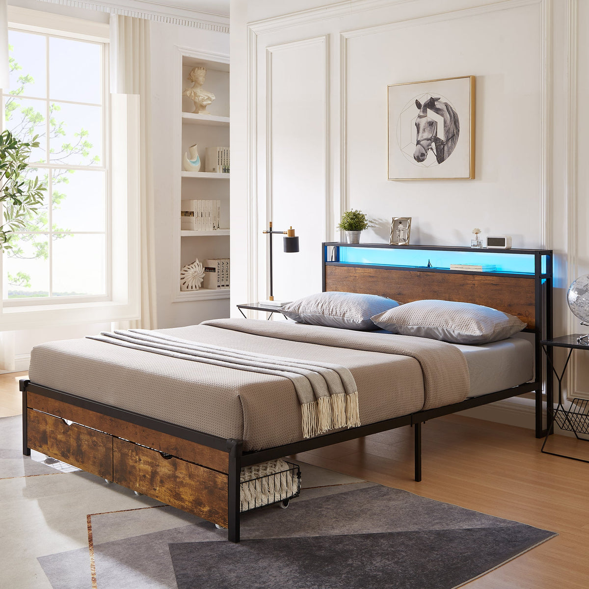 Full Size Metal Bed Frame with Wood Headboard and LED