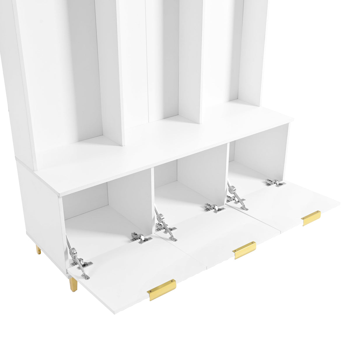 Entryway Hall Tree with Bench and Gold Coat Hooks