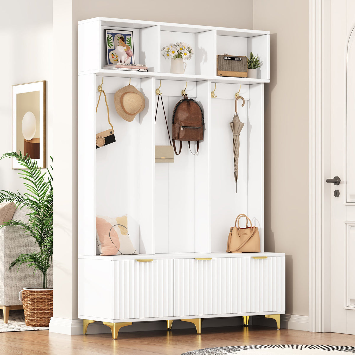 Entryway Hall Tree with Bench and Gold Coat Hooks
