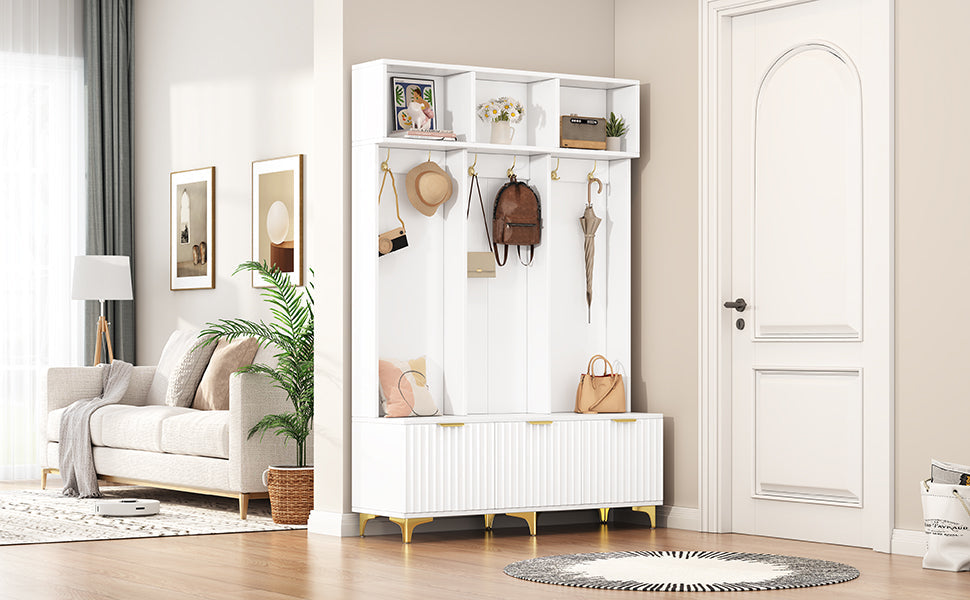 Entryway Hall Tree with Bench and Gold Coat Hooks