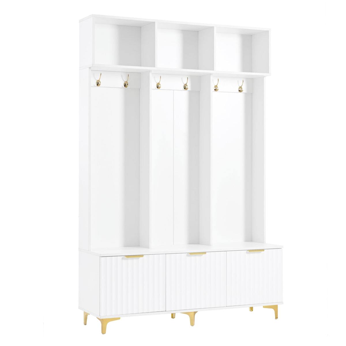 Entryway Hall Tree with Bench and Gold Coat Hooks