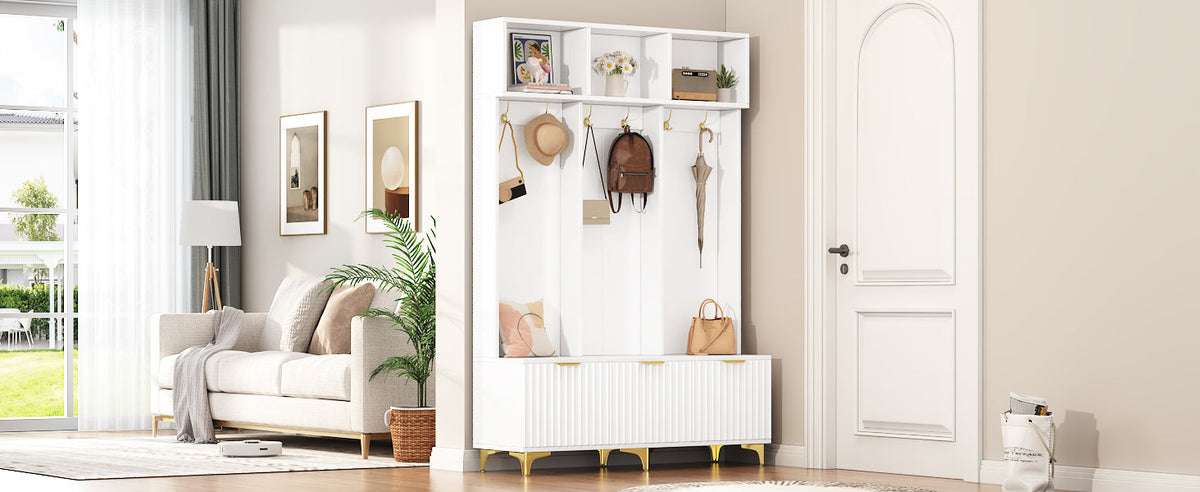 Entryway Hall Tree with Bench and Gold Coat Hooks
