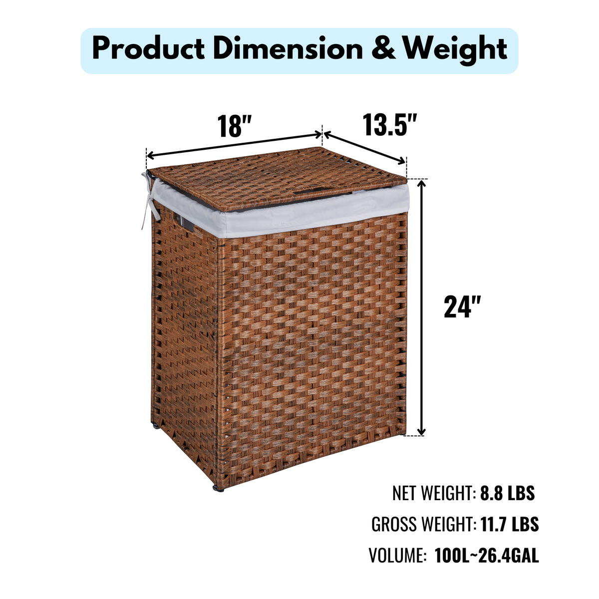 Rattan-Style Laundry Hamper with Lid, 100L Capacity