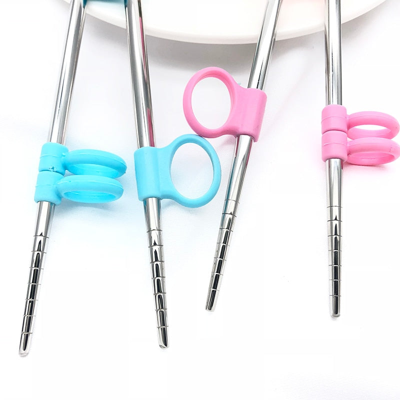 Kids Training Chopsticks With Finger Rings, Stainless Steel