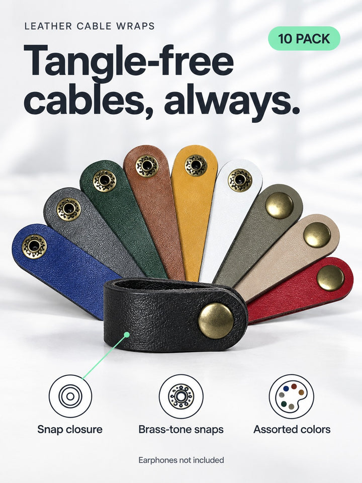 Leather Cable Wrap Organizer Set, 10 Pack Snap Straps