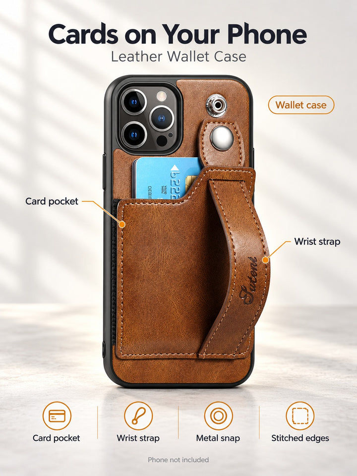 Leather Wallet Phone Case with Card Slot & Wrist Strap