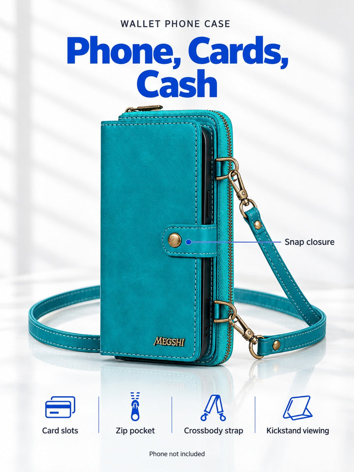 Leather Wallet Phone Case with Crossbody Strap and Cards