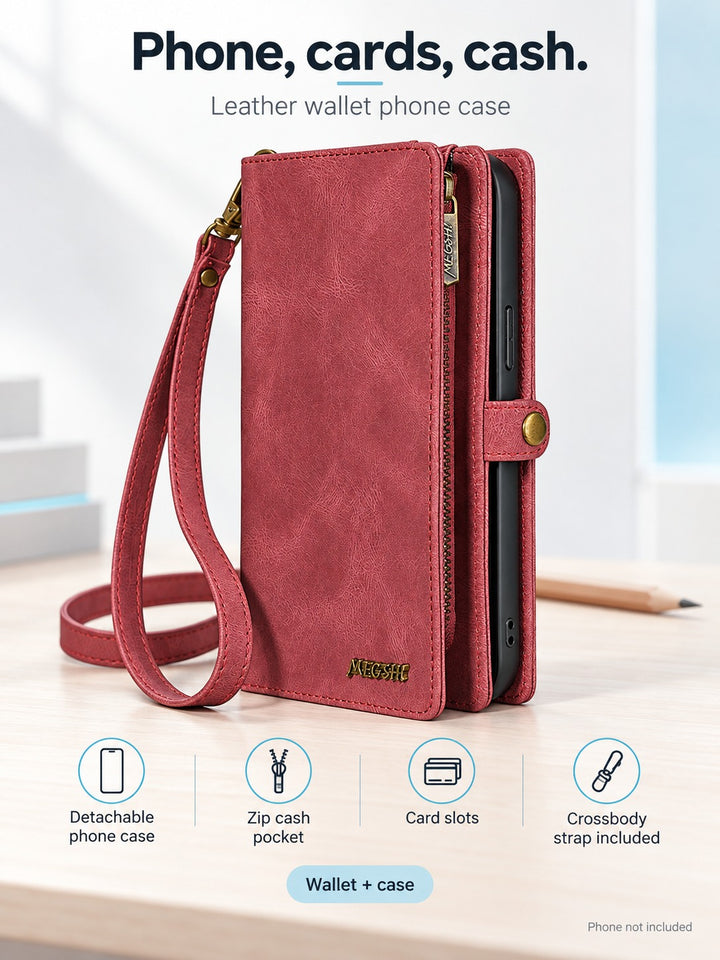 2-in-1 Leather Zip Wallet Phone Case with Crossbody Strap