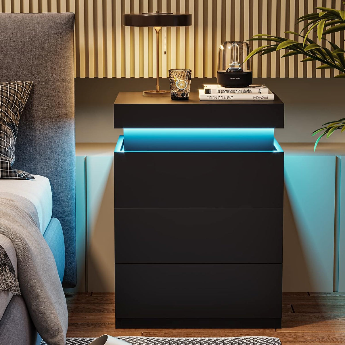 Modern Black LED Nightstand with Multi-Colour Glow