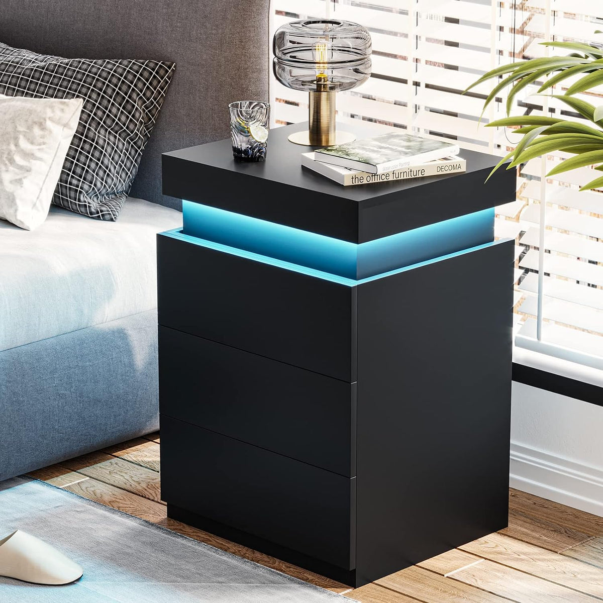 Modern Black LED Nightstand with Multi-Colour Glow