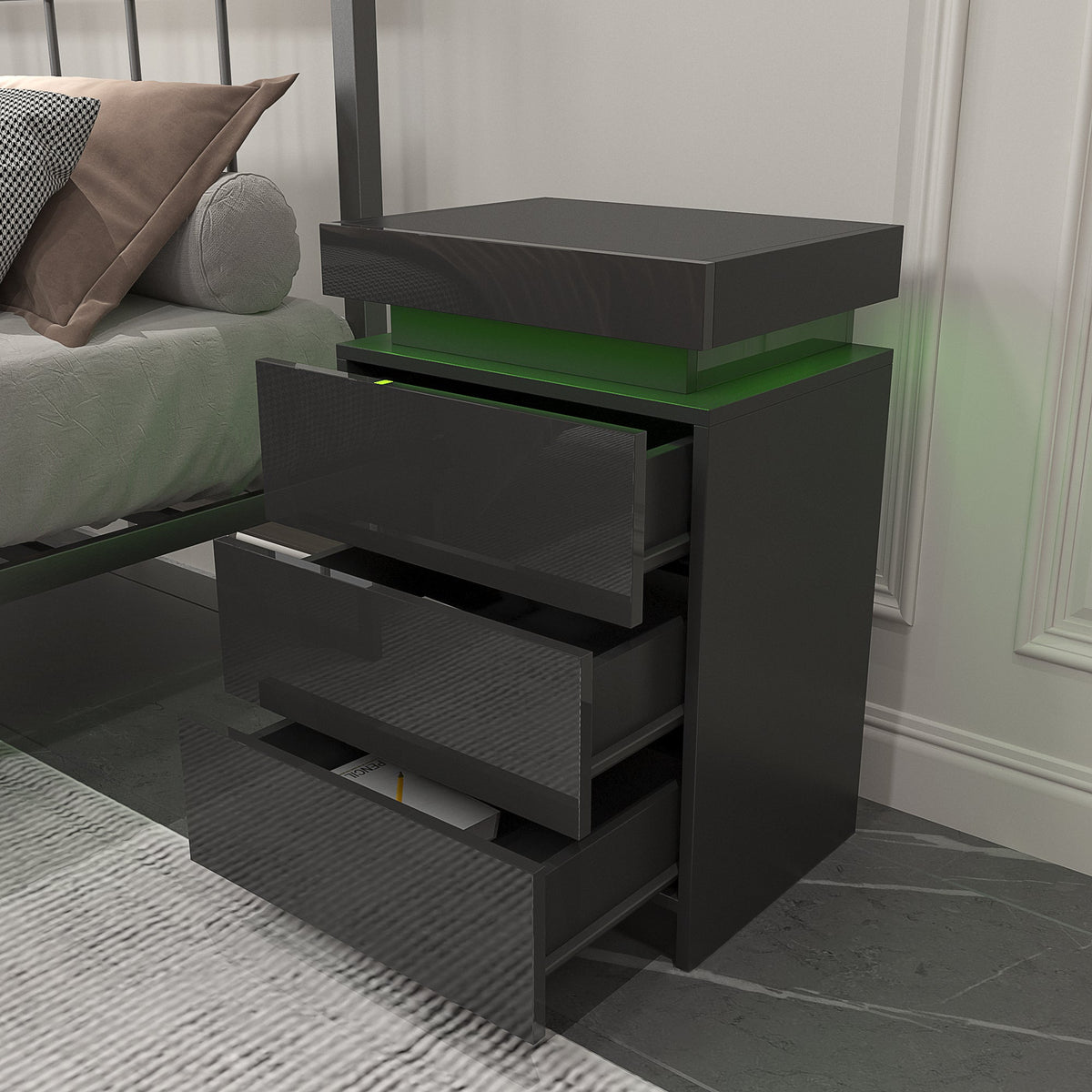 Modern Black LED Nightstand with Multi-Colour Glow