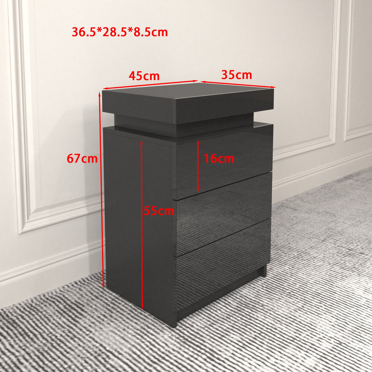 Modern Black LED Nightstand with Multi-Colour Glow