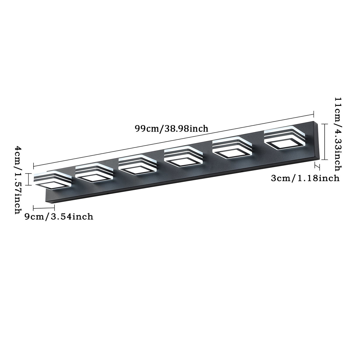 Modern Black LED Vanity Light, 6 Lights, 360° Rotating