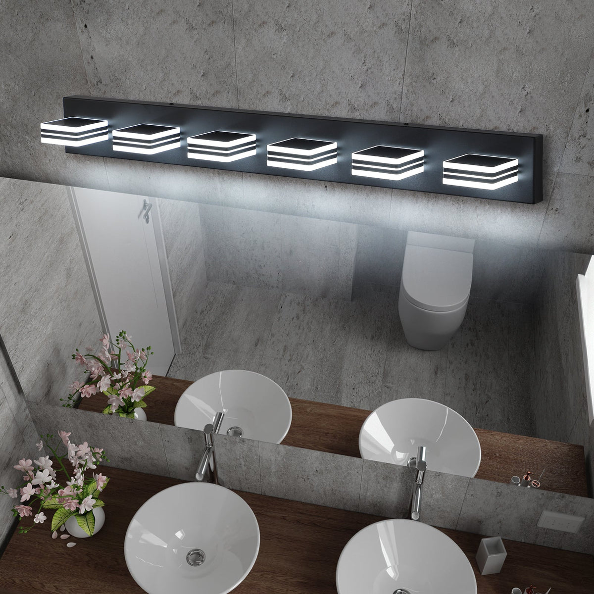 Modern Black LED Vanity Light, 6 Lights, 360° Rotating