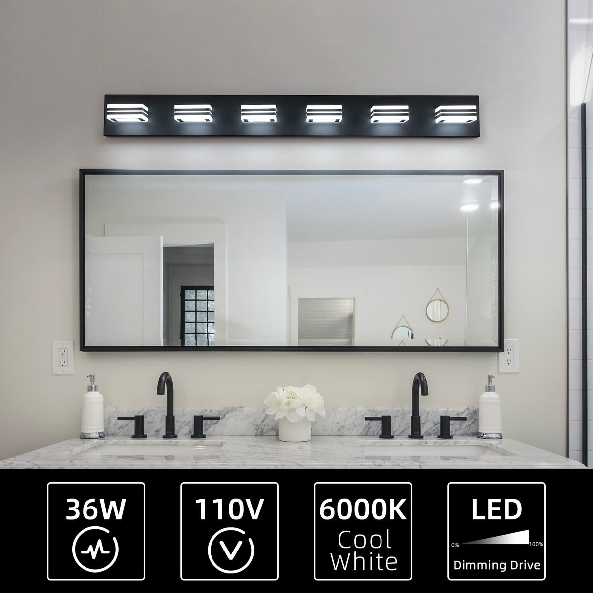 Modern Black LED Vanity Light, 6 Lights, 360° Rotating