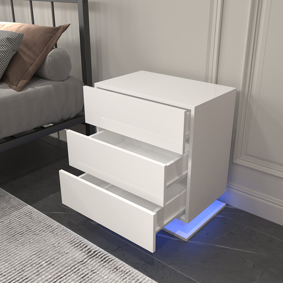 Modern 3-Drawer White Nightstand with LED Base Light
