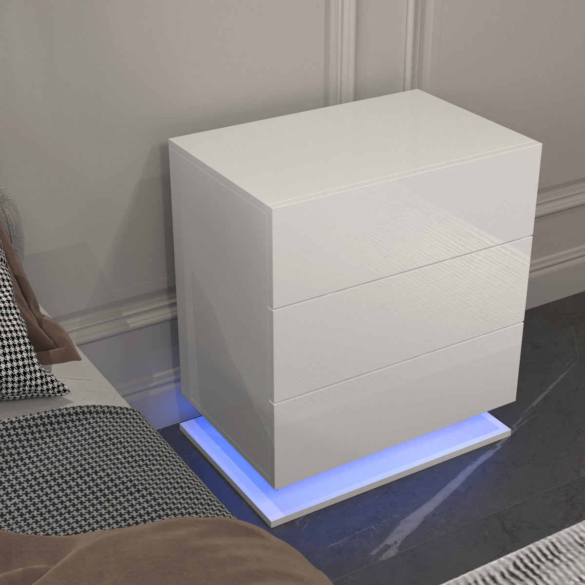 Modern 3-Drawer White Nightstand with LED Base Light