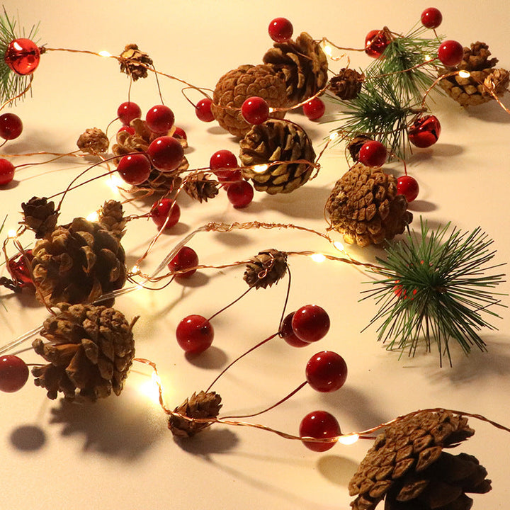Pinecone LED Light String with Red Berries Copper Wire