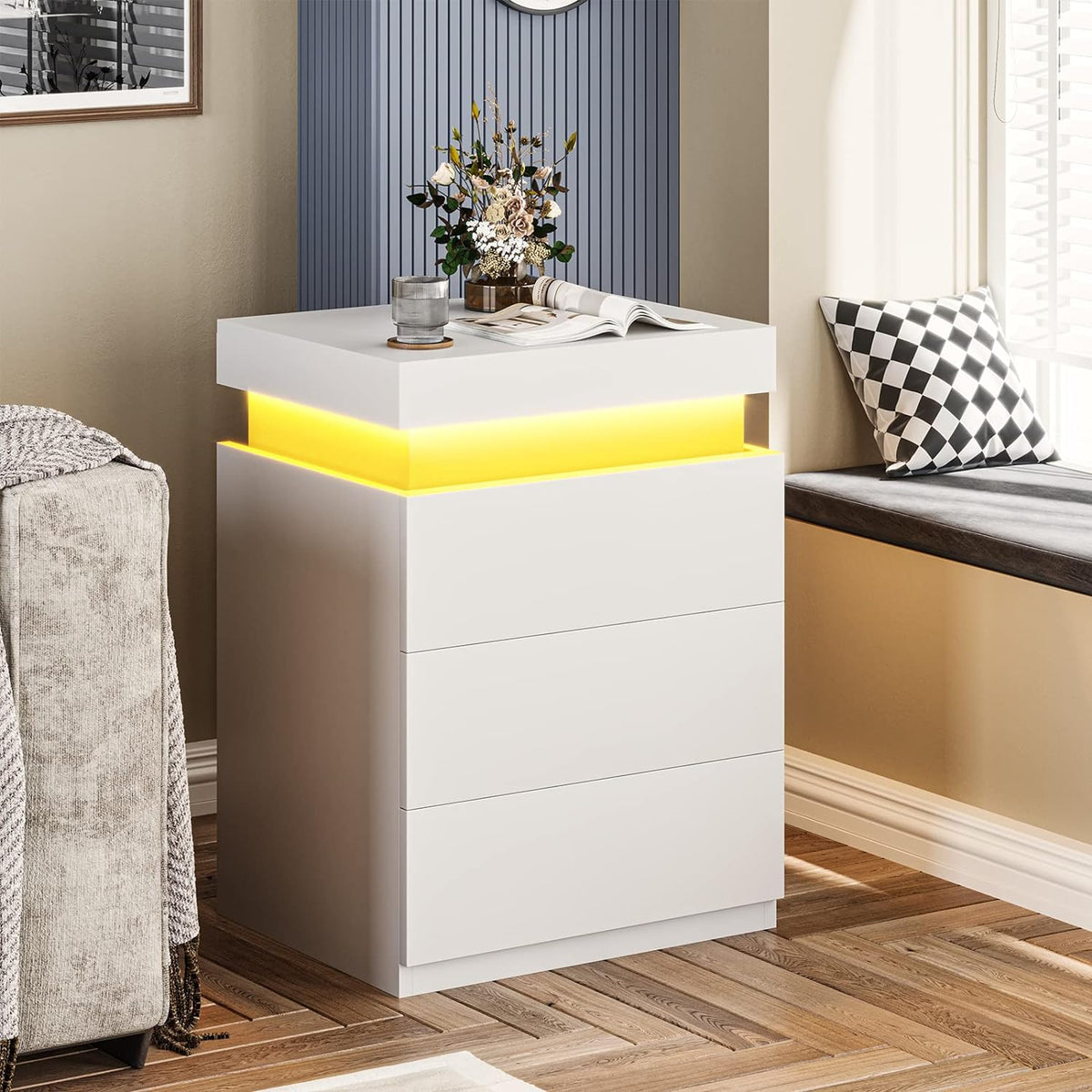LED Nightstand with 3 Drawers and Ambient Night Glow