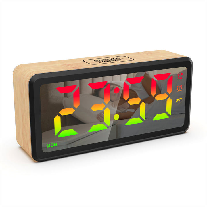 Wood-Grain LED Alarm Clock with Dimmer & Day Display