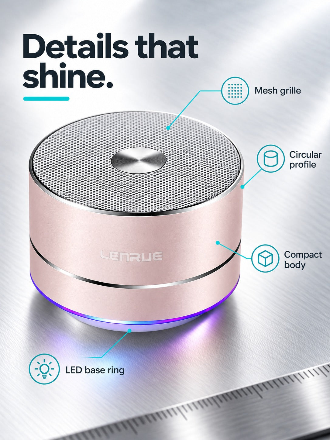 Portable Bluetooth Speaker with LED Base Ring, Rose Gold