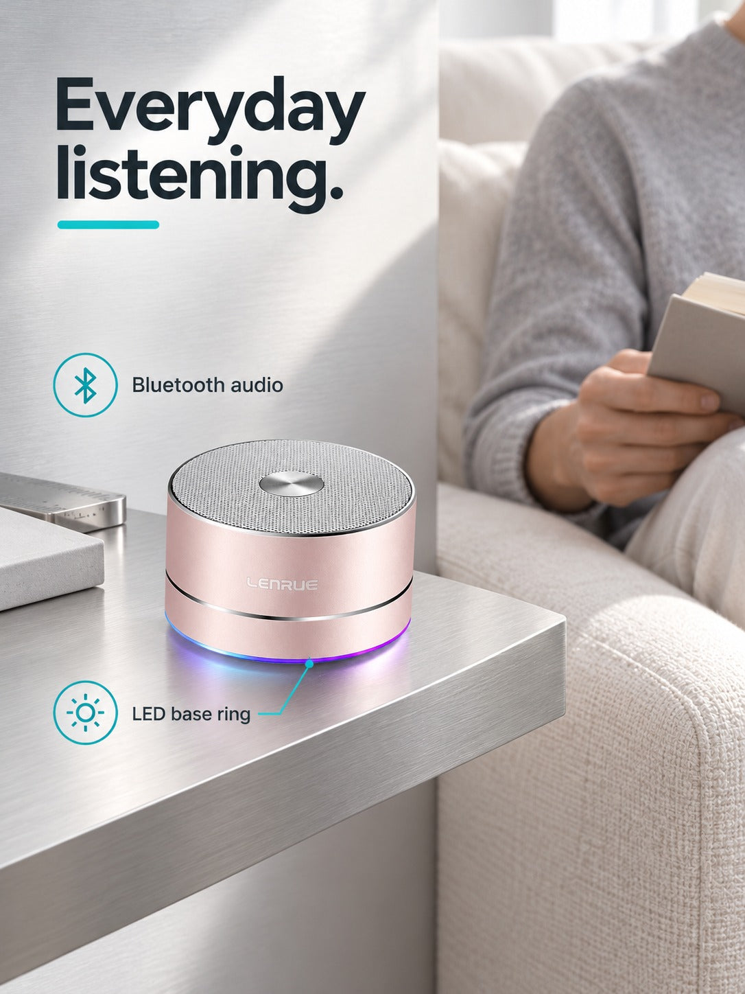 Portable Bluetooth Speaker with LED Base Ring, Rose Gold
