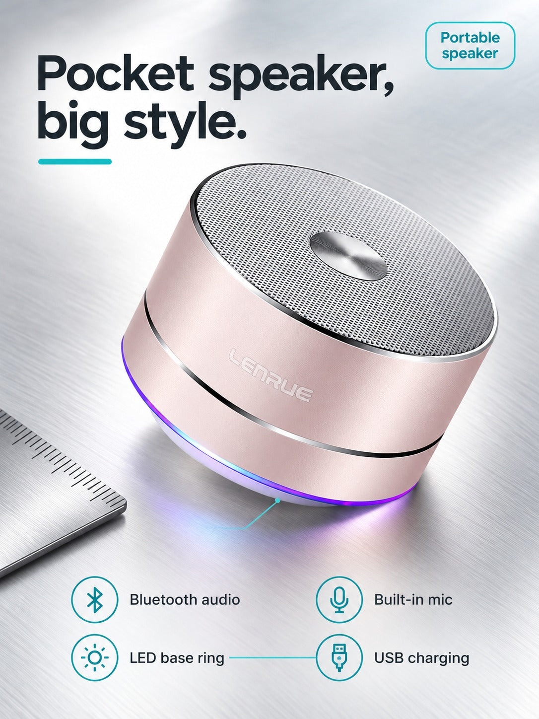 Portable Bluetooth Speaker with LED Base Ring, Rose Gold