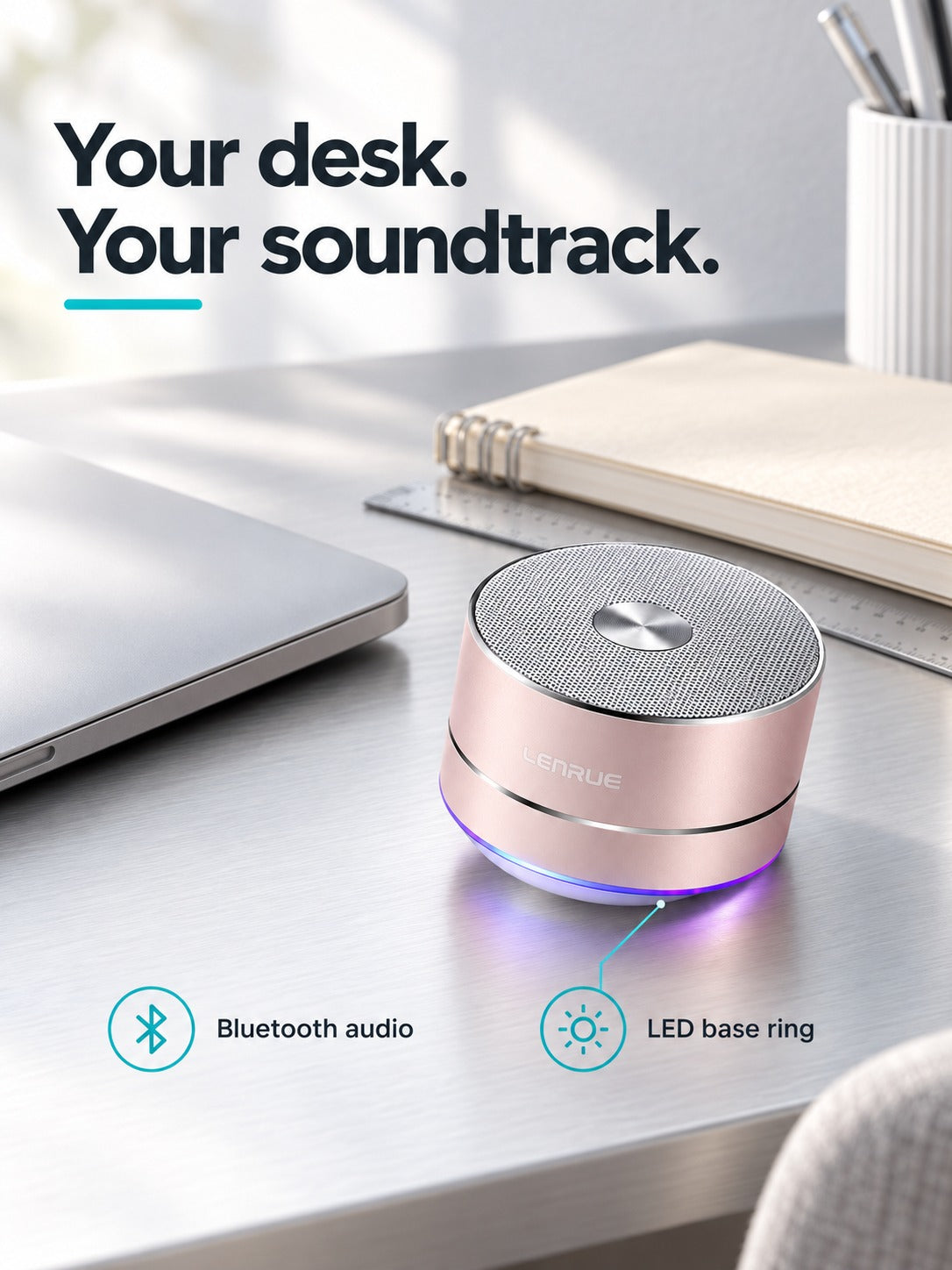 Portable Bluetooth Speaker with LED Base Ring, Rose Gold