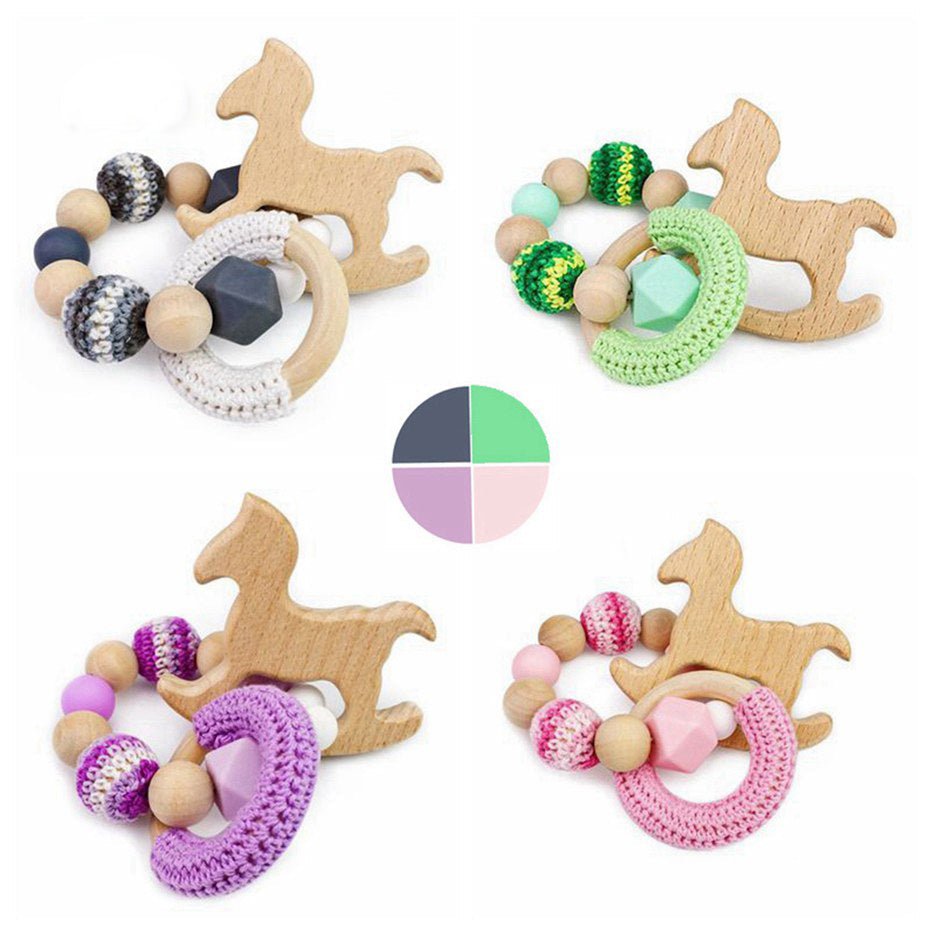 Wooden Baby Teether Rings With Soft Crochet Grip Set