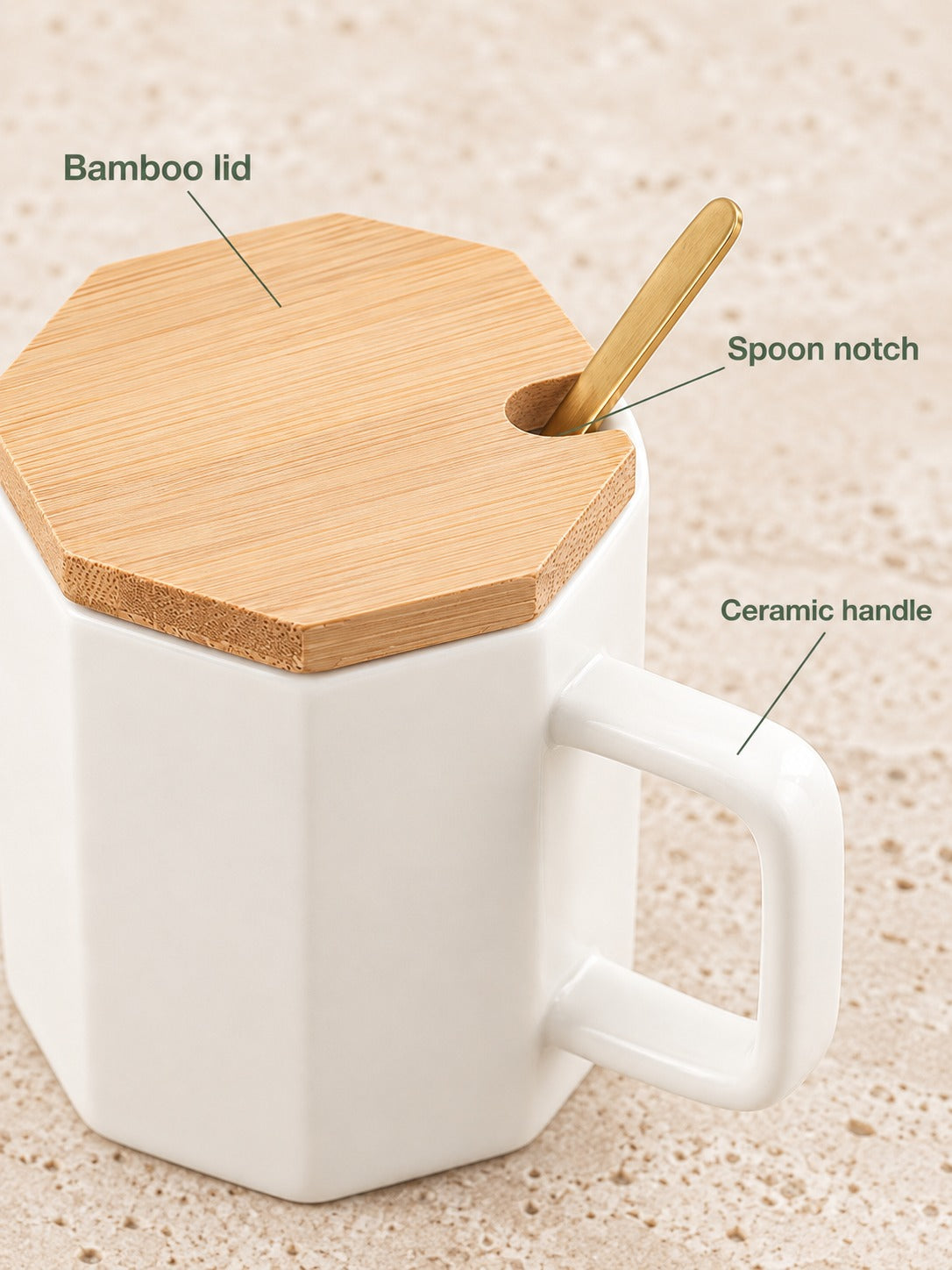 Letter Ceramic Mug With Bamboo Lid and Spoon