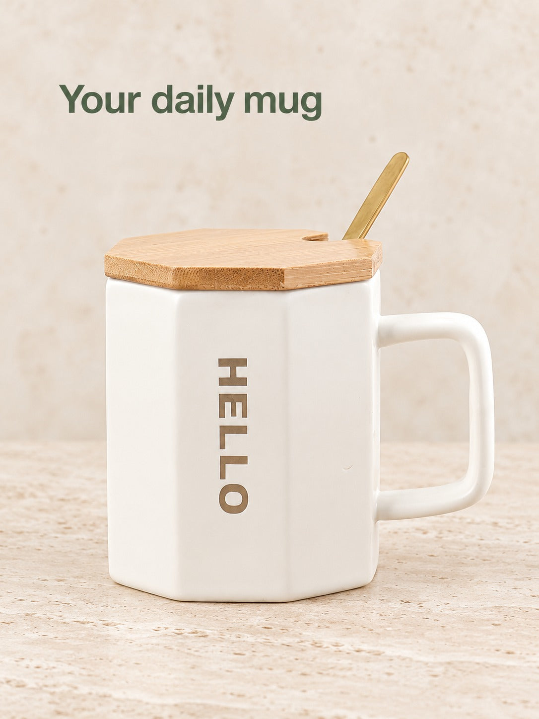 Letter Ceramic Mug With Bamboo Lid and Spoon