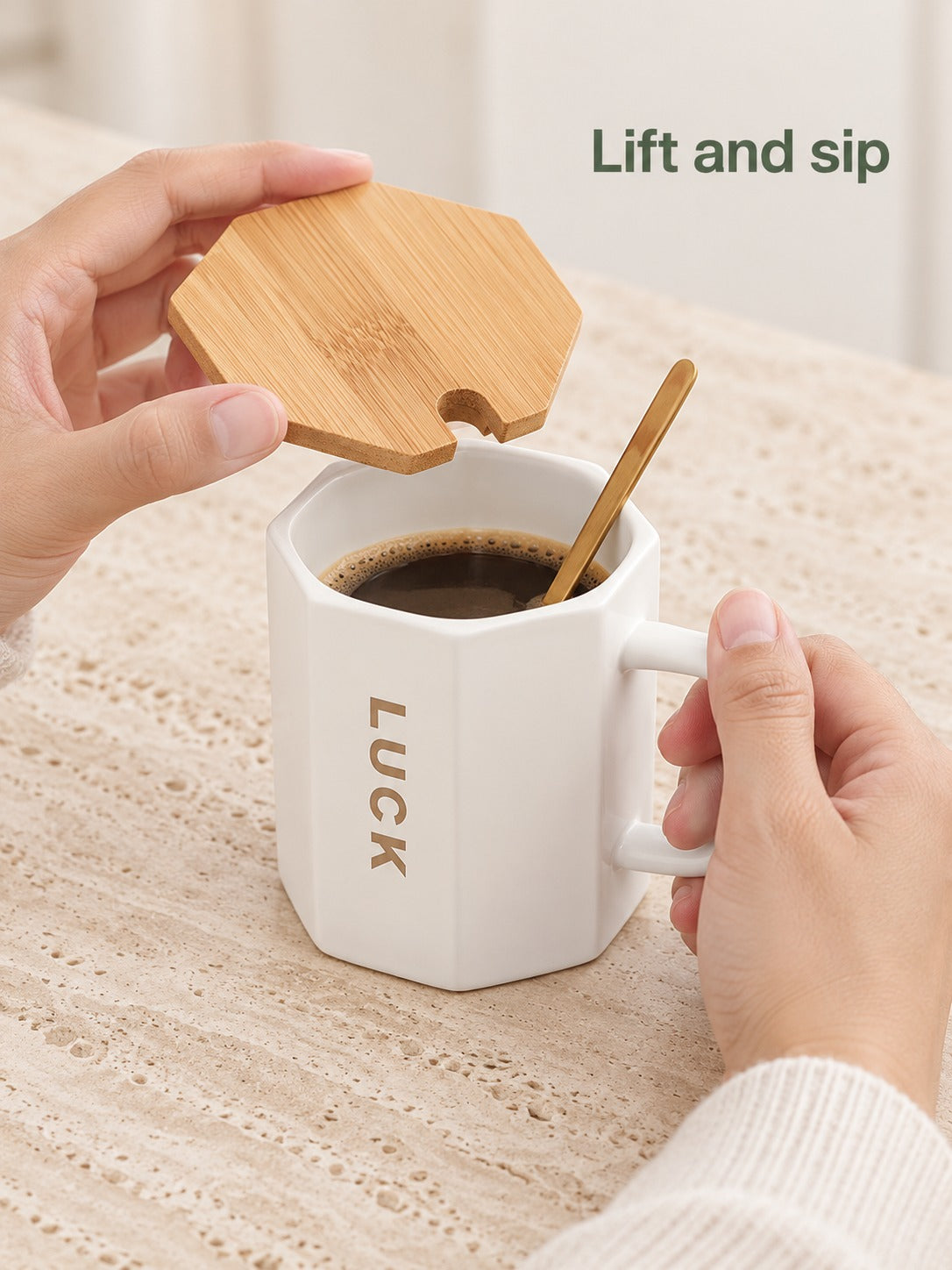 Letter Ceramic Mug With Bamboo Lid and Spoon