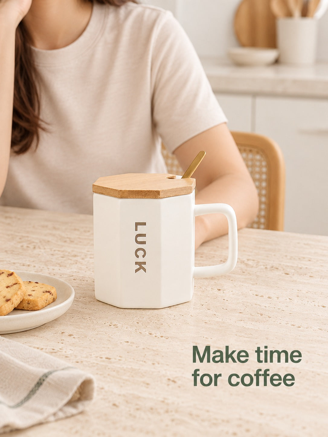 Letter Ceramic Mug With Bamboo Lid and Spoon