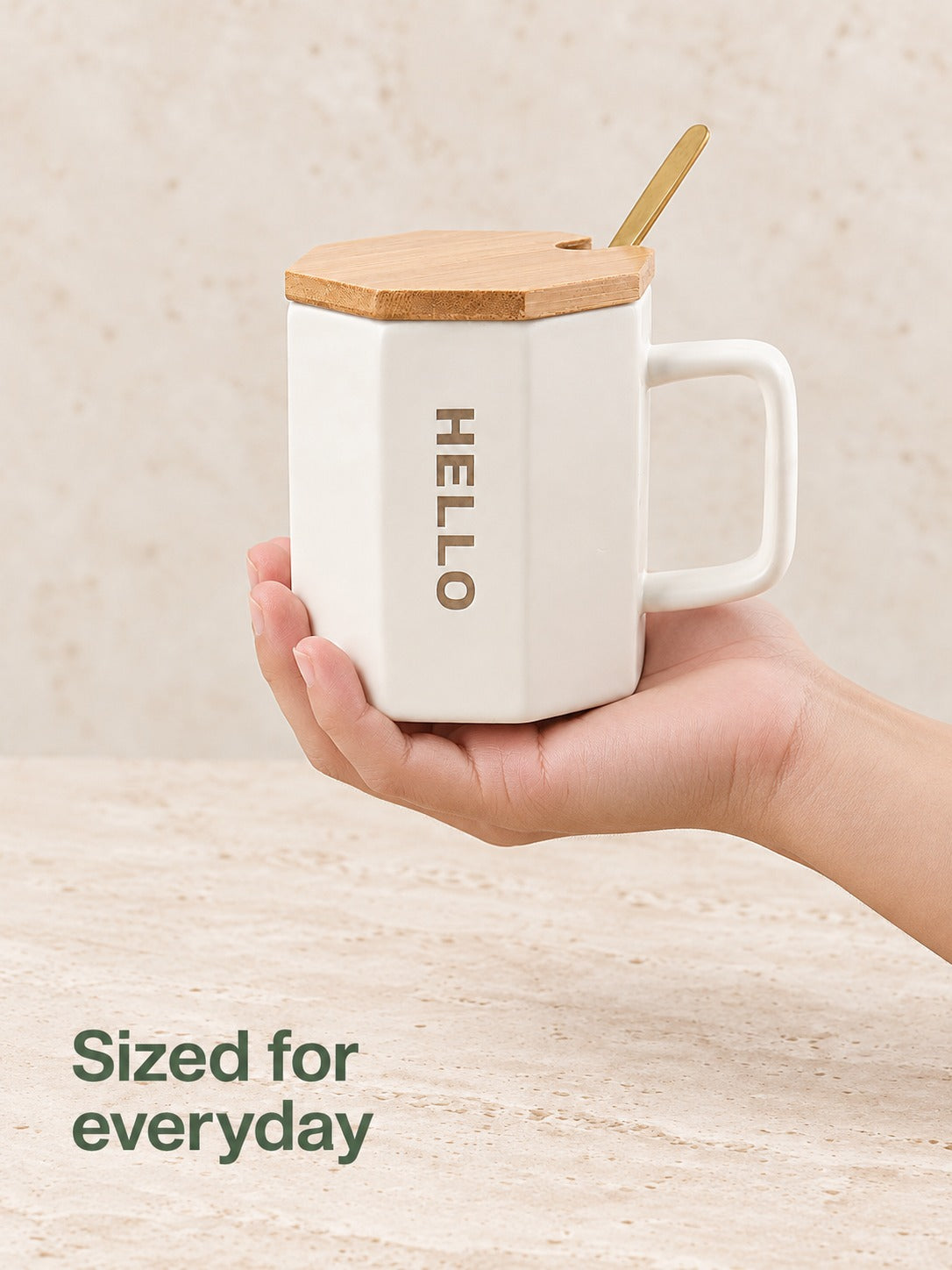 Letter Ceramic Mug With Bamboo Lid and Spoon