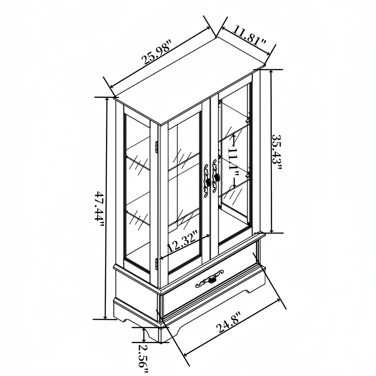 Glass Door Curio Cabinet with Adjustable Shelves & Drawer