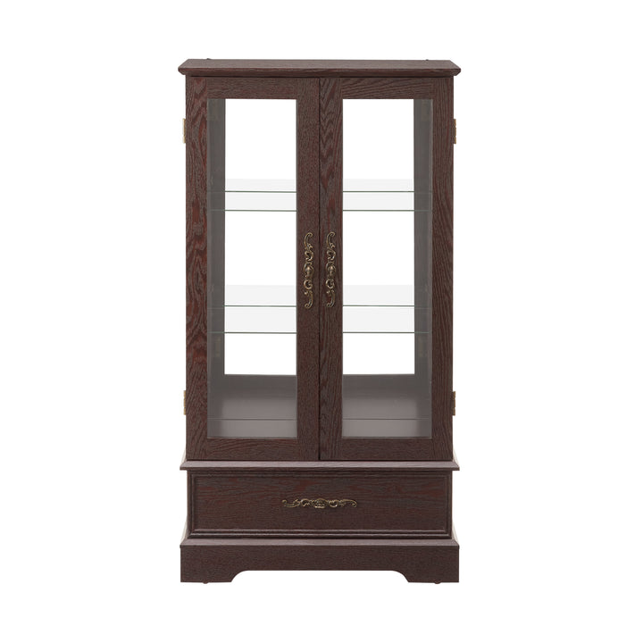 Glass Door Curio Cabinet with Adjustable Shelves & Drawer