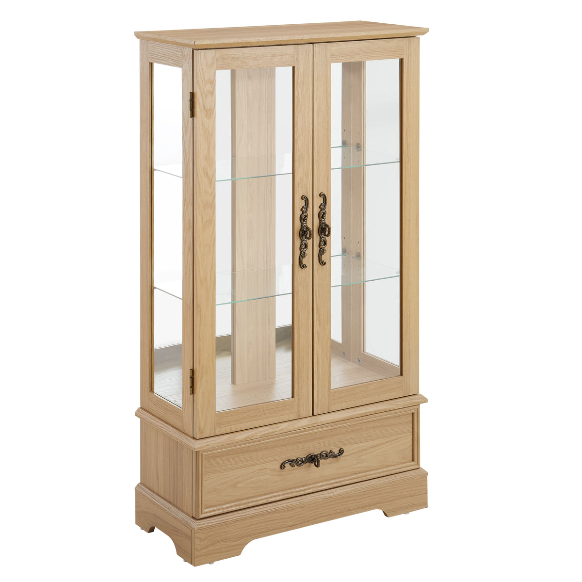 Light Oak Glass Curio Cabinet with Lighting and Drawer