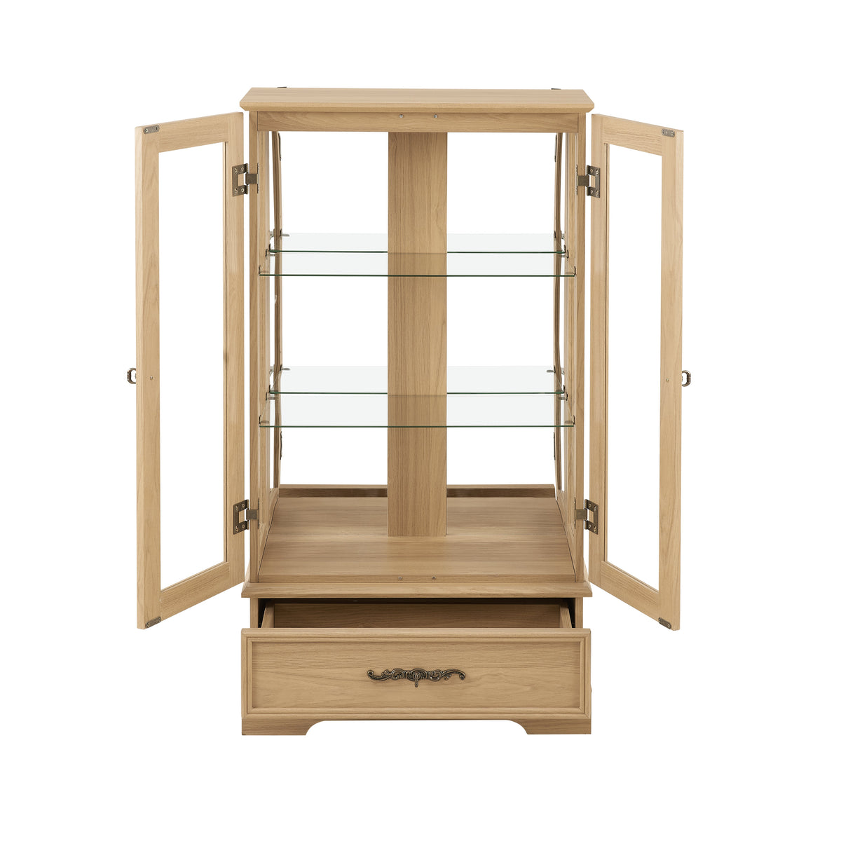 Light Oak Glass Curio Cabinet with Lighting and Drawer